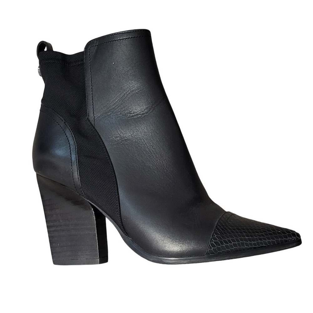 Donald Pliner Nicco Black Leather Snakeskin Pointed Toe Block Heel Boots Fall 6